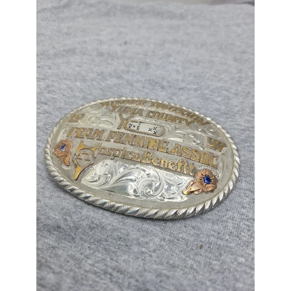Vintage 1997 Red Bluff Buckle Co Novice Penning Rodeo Ruby Stone Belt Buckle